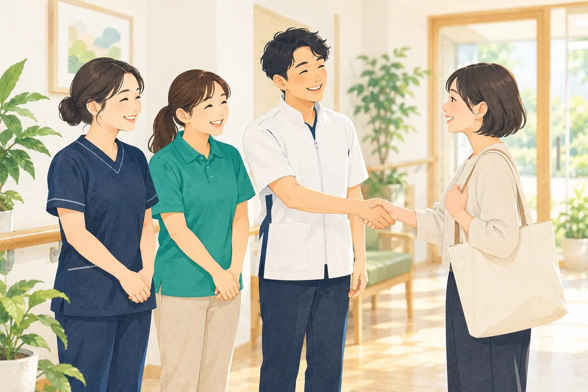 訪問看護・介護の現場で、新しい仲間を迎えるイラスト