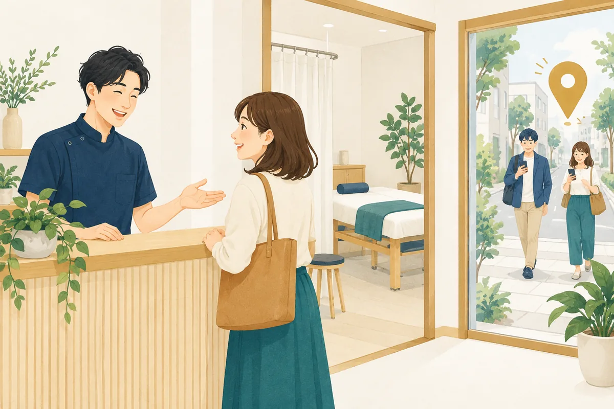 整体院で新しいお客さんを迎えるイラスト