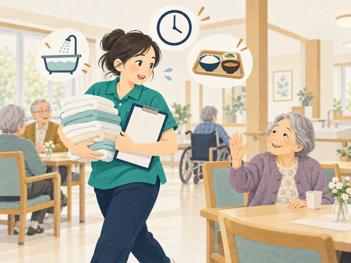 忙しく動く介護職員と、話しかけたそうな利用者さんのイラスト
