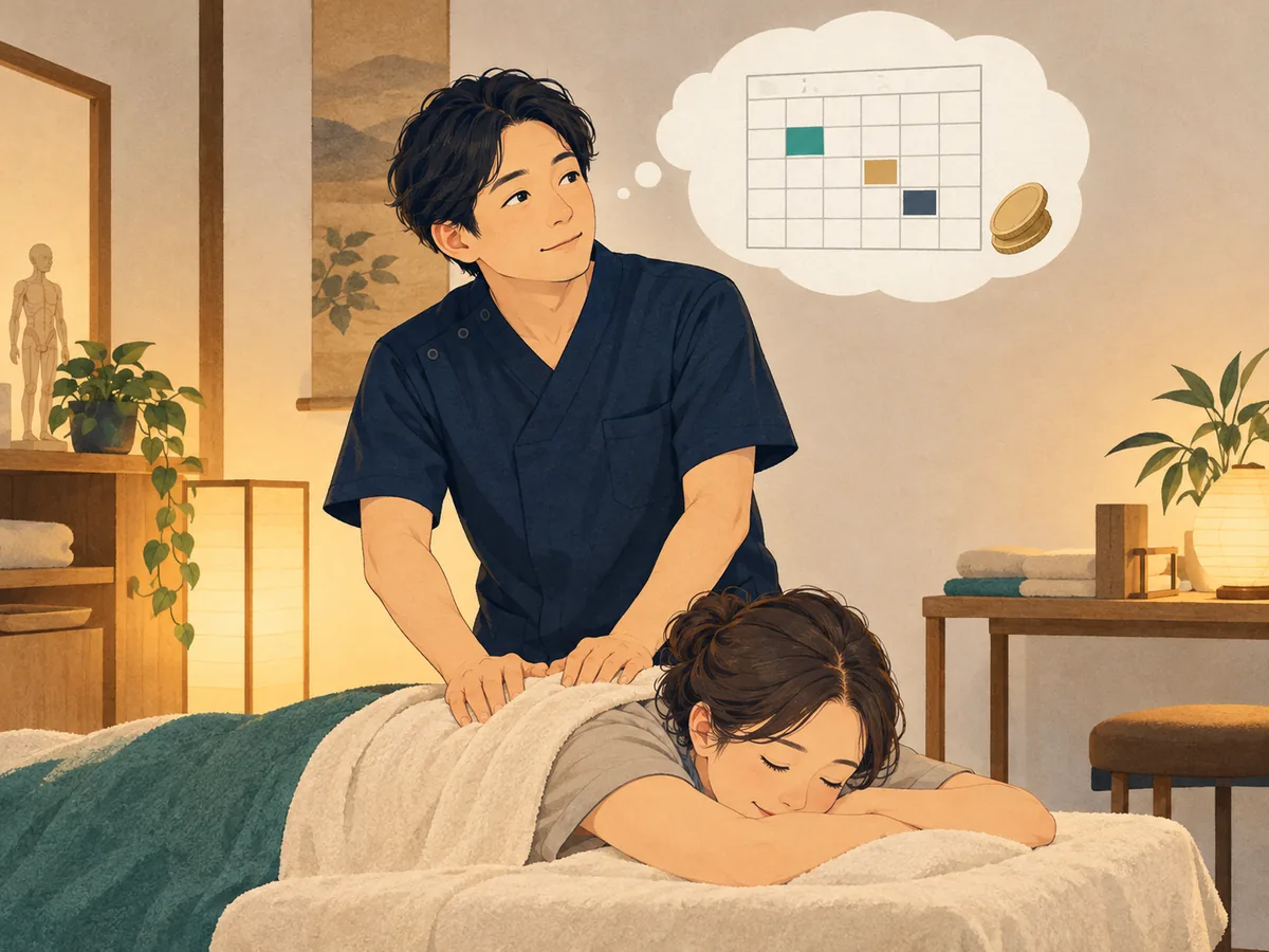 施術中に、来月の予約のことが頭に浮かぶ整体院の先生のイラスト