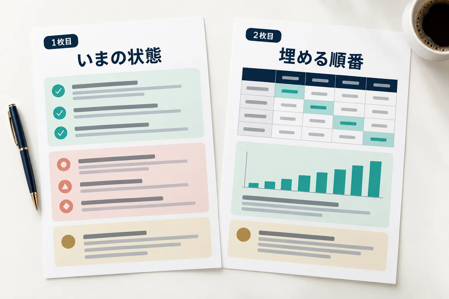分析シートのイメージ。1枚目「いまの状態」、2枚目「埋める順番」